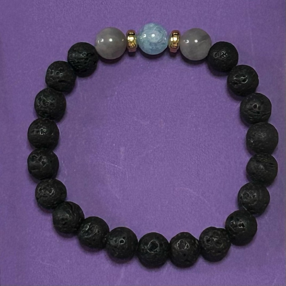 handmade beaded bracelet - lava rock, grey quartz, aquamarine, gold plated beads